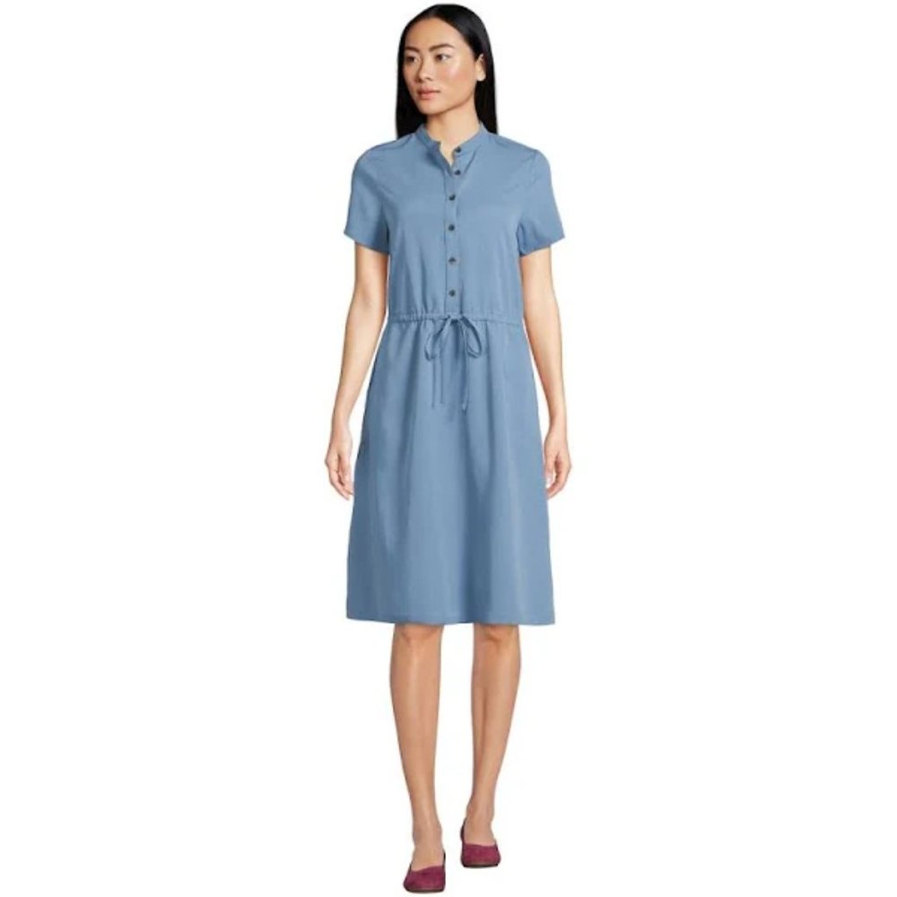 Lands End Blue Oeko-Tex Shirt Dress Drawstring Waist Short Sleeves Womens sz L